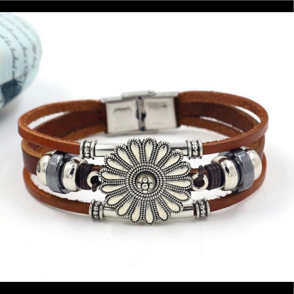 Silver Bohemian Flower Beaded Multi Layer Genuine Brown Leather Bracelet! - Picture 4 of 6